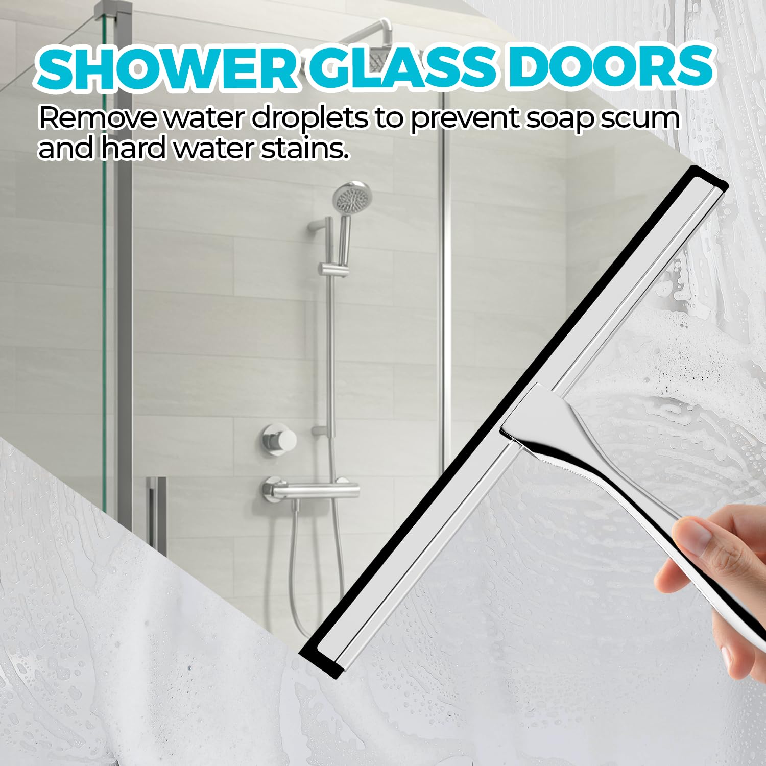 2PACK Shower Squeegee for Glass Doors, Squeegee for Shower Glass，All-Purpose Tile Walls, Bathroom, Window, Glass and Car Windshield, Mirrors and Kitchen-Stainless Steel, 10 Inches, Silver