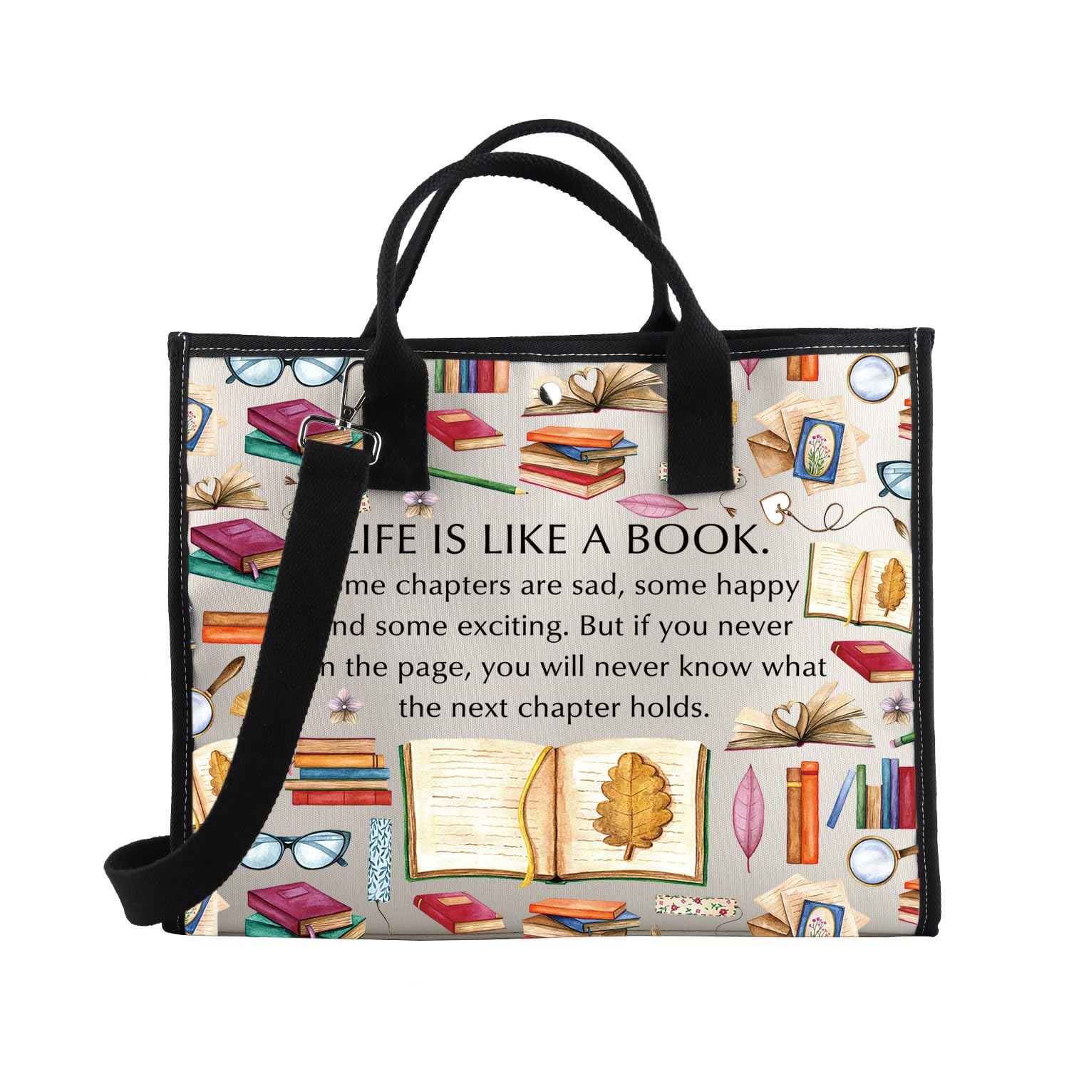 PLITI Book Lover Tote Bag Book Club Gift for Women Reading Lover Gift Bibliophile Bookworm Gift Librarian Retirement Gift (Life like book TEU)