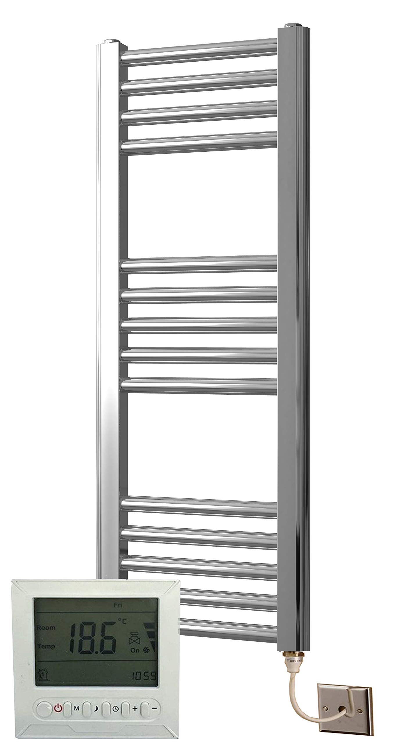 Greened House Electric Chrome 300W x 800H Flat Towel Rail + Timer and Room Thermostat Bathroom Towel Rails