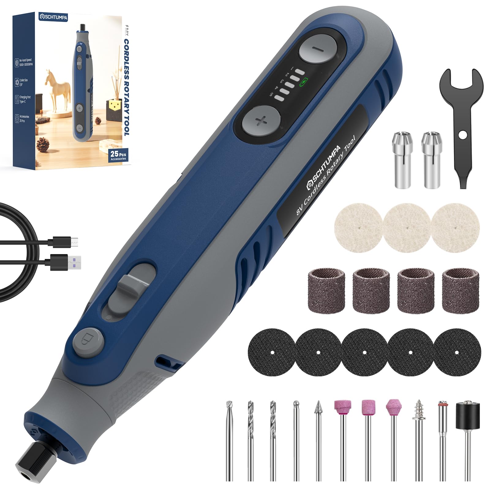 Photo 1 of SCHTUMPA Cordless Rotary Tool Kit 8V, 5 Variable Speed, 5000-30000RPM, 2.0Ah Battery, 25 Upgraded Accessories, Rotary Tool for Sanding, Polishing, Engraving, Grinding, Drilling, Cutting, DIY Crafts