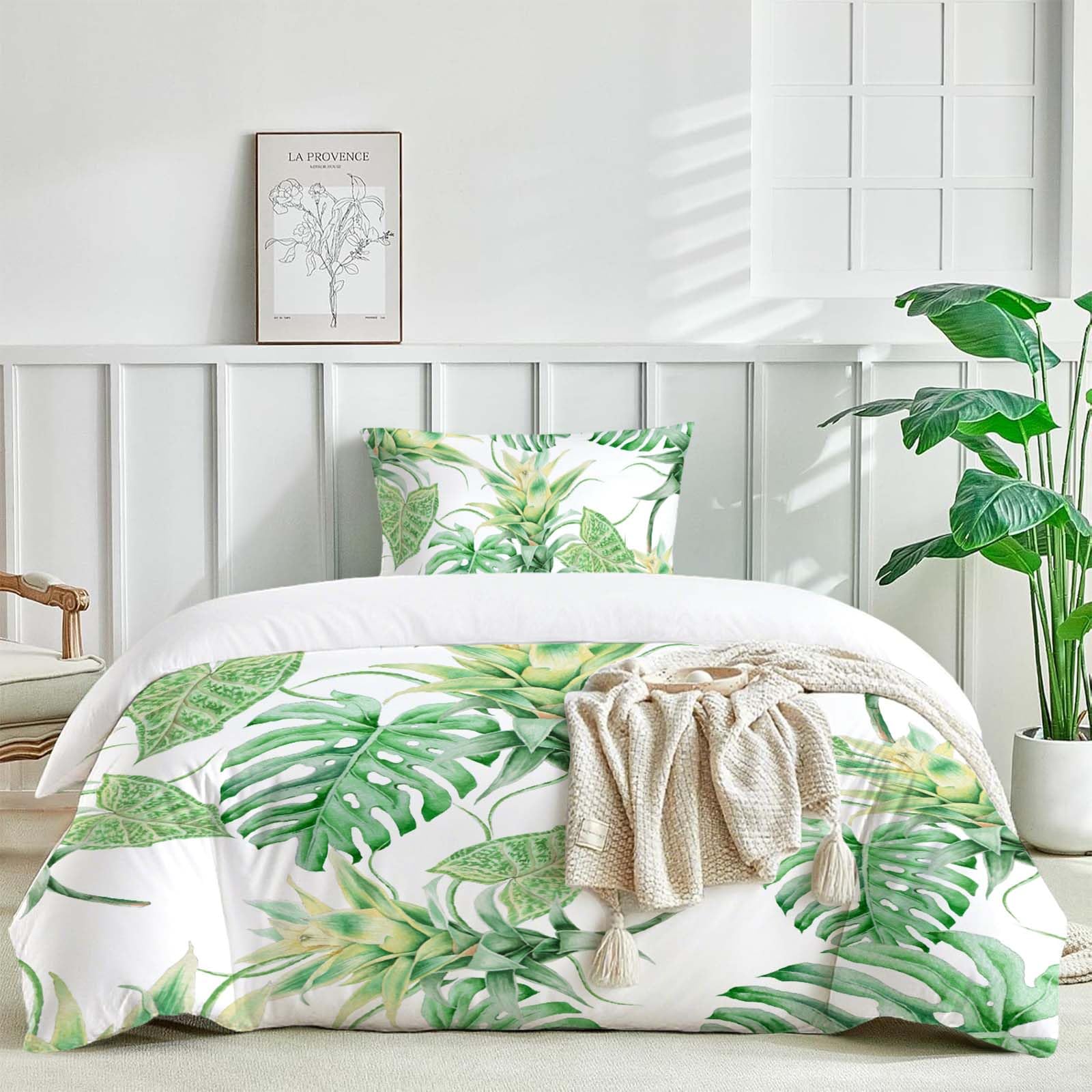 HOMHOMHA Palm Leaf Single Duvet Cover Set Green Bedding Set with Pillowcase for Kids Adults, Tropical Leaves Plants Single Bedding 2pc Bedspread Palm Leaf Bed Set,135X200cm