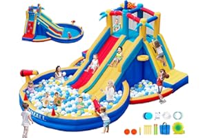 GYMMALL Inflatable Water Slide Bounce House with 550 W Blower, Blow up 8-in-1 Waterslide Park Bouncy Castle for Kids Outdoor and Indoor, Bouncer House with Large Pool, Double Slides and Climbing Walls