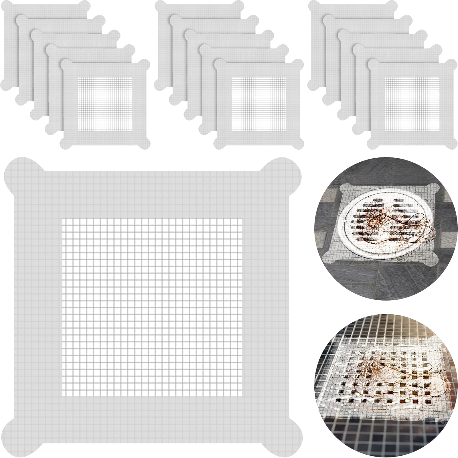 Photo 1 of Chengu 50 Pcs 5.7 Inch Disposable Hair Catcher Shower Drain Stickers Square Mesh Shower Drain Catcher Cover Stickers Bathtub Stopper Decals with 5 mm Holes for Bathroom Kitchen Sink Filter Accessories