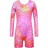Nymphperi Girls Gymnastics Leotards Long Sleeve Gym Outfits with Shorts Quick Dry One Piece Kids Biketards
