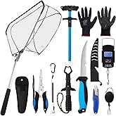 RoundFunny 10 Pcs Fishing Tool Kit, Fishing Pliers with Lanyard and Protective Sheaths, Landing Net, Fillet Knife, Fish Scale, Gripper, Hook Remover, Braid Scissors, Gloves for Fishmen Gifts