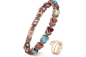 Feraco Pure Copper Bracelets & Rings for Women, Ultra Strength Magnetic Bracelet with 3800 Gauss Magnets & Natural Turquoise & Stones, Adjustable, Jewelry Gift