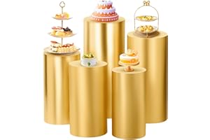 SaitiMade Set of 5 - Gold Cylinder Pedestal Stand Covers, Flexible Cylinder Stand Covers for Party, Wedding or Birthday Event Decor - Only Contains Cylinder Covers