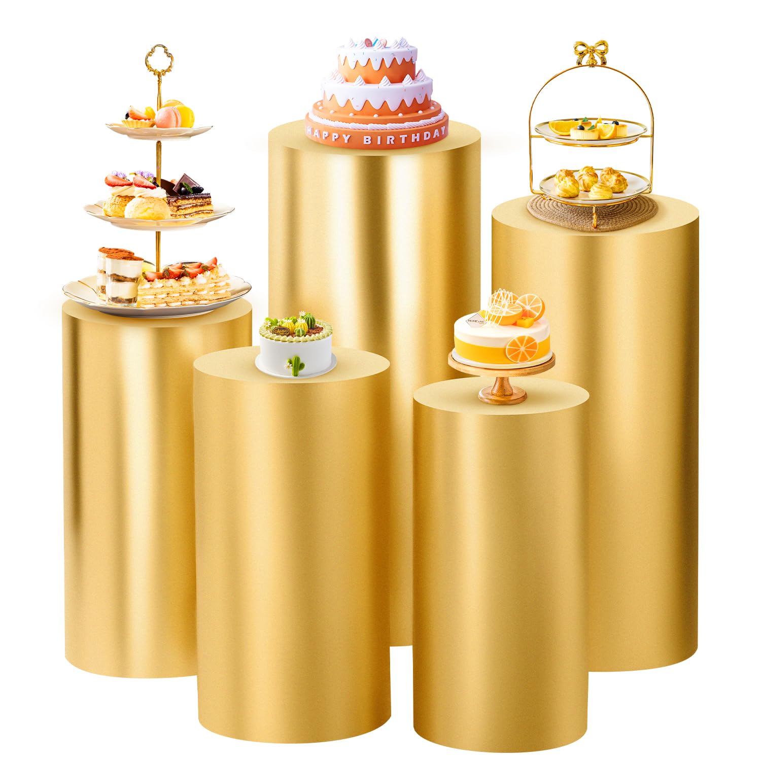 Photo 1 of SaitiMade Set of 5 - Gold Cylinder Pedestal Stand Covers, Flexible Cylinder Stand Covers for Party, Wedding or Birthday Event Decor - Only Contains Cylinder Covers