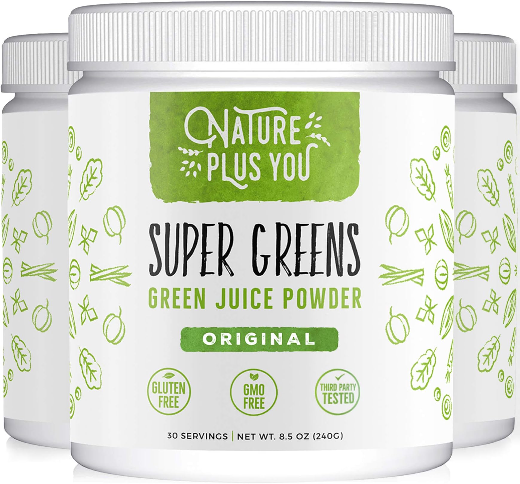 Super Greens Powder Organic Blend - 3 Pack Bundle, 90 Servings, Includes Spirulina, Alfalfa, Spinach, Acai, Probiotics and Digestive Enzymes, No Artificial Sweeteners, by Nature Plus You