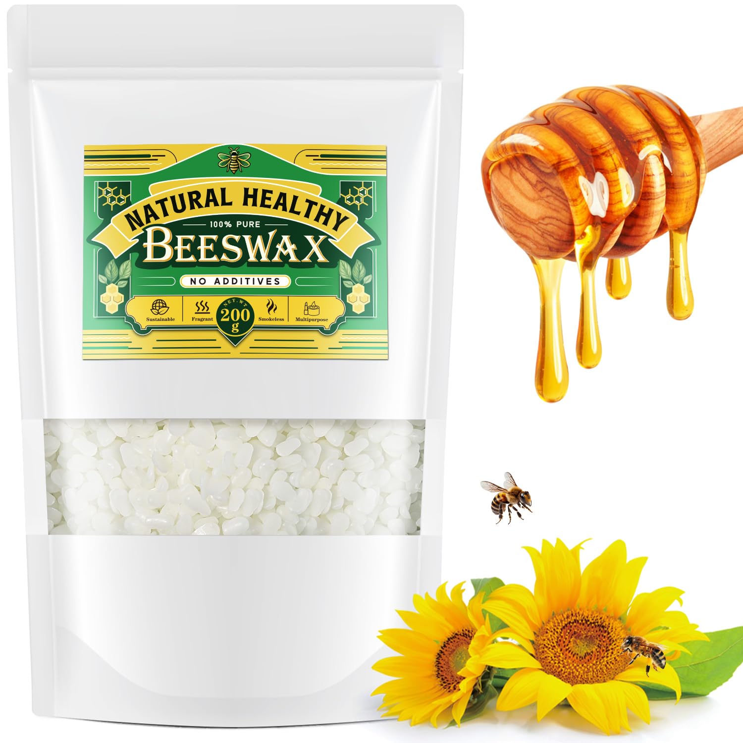 CHILLFLAME Beeswax Pellets 200g, White Beeswax from Organic Farm, Beeswax for Candle Making, Skin Care DIY, Lip Balm and Soap Making Supplies (200g, White)