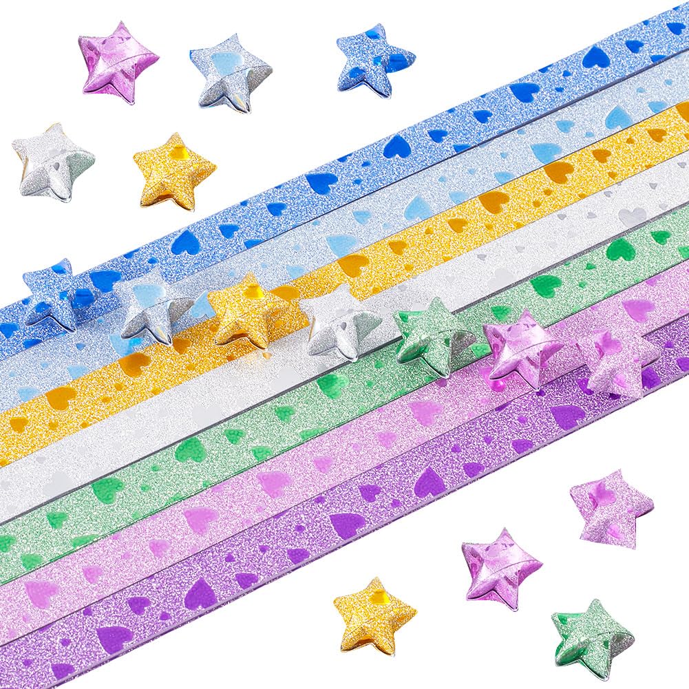 SUNNYCLUE 560 Sheets 7 Colors Lucky Star Paper Strips Shiny Large Star Folding Paper Colorful Glitter Love Stars Origami Blue Silver Yellow Green Purple Heart Pattern Paper for Crafts DIY Arts Project