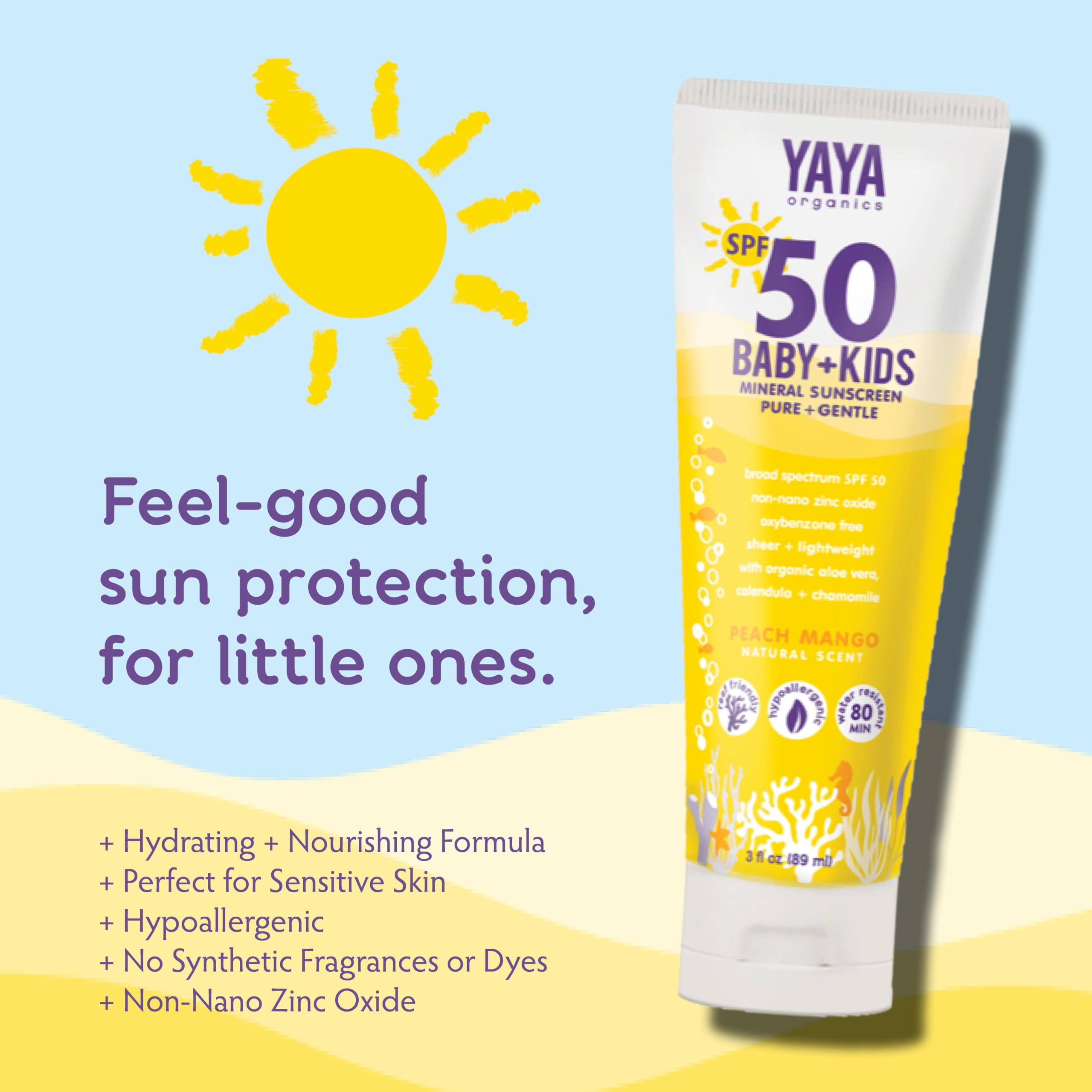 YAYA Organics Sun + Protection Bundle for Baby + Kids | Reef-Friendly SPF 50 Mineral Sunscreen and Deet-Free Bug Ban Natural Repellent Spray | Pure and Gentle | 3 oz / 4 oz