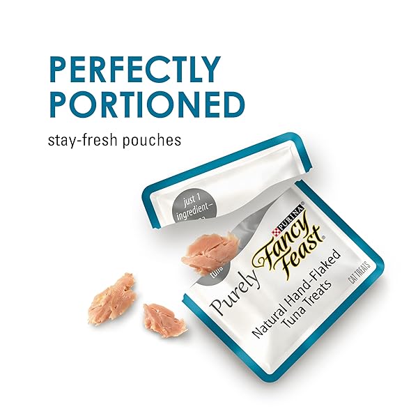 PURINA FANCY FEAST PURELY HAND-FLAKED TUNA CAT TREATS, STEAM-BAKED REAL TUNA, PACK OF 5, 10 COUNT POUCHES