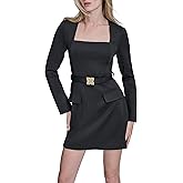 BCBG Womens Long Sleeve Square Neck Belted Structured A-line Mini Dress