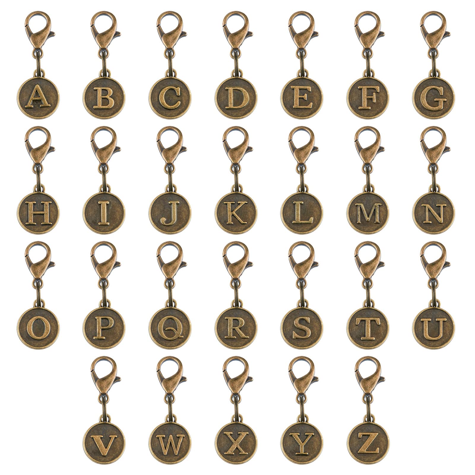SUPERFINDINGS 52pcs Clip On Charms 26 Letter Zipper Pulls Initials Tibetan Style Alloy Alphabet Pendant Decorations 32mm Antique Bronze Initial Alloy Clasp for Keychain Purse Backpack Ornament