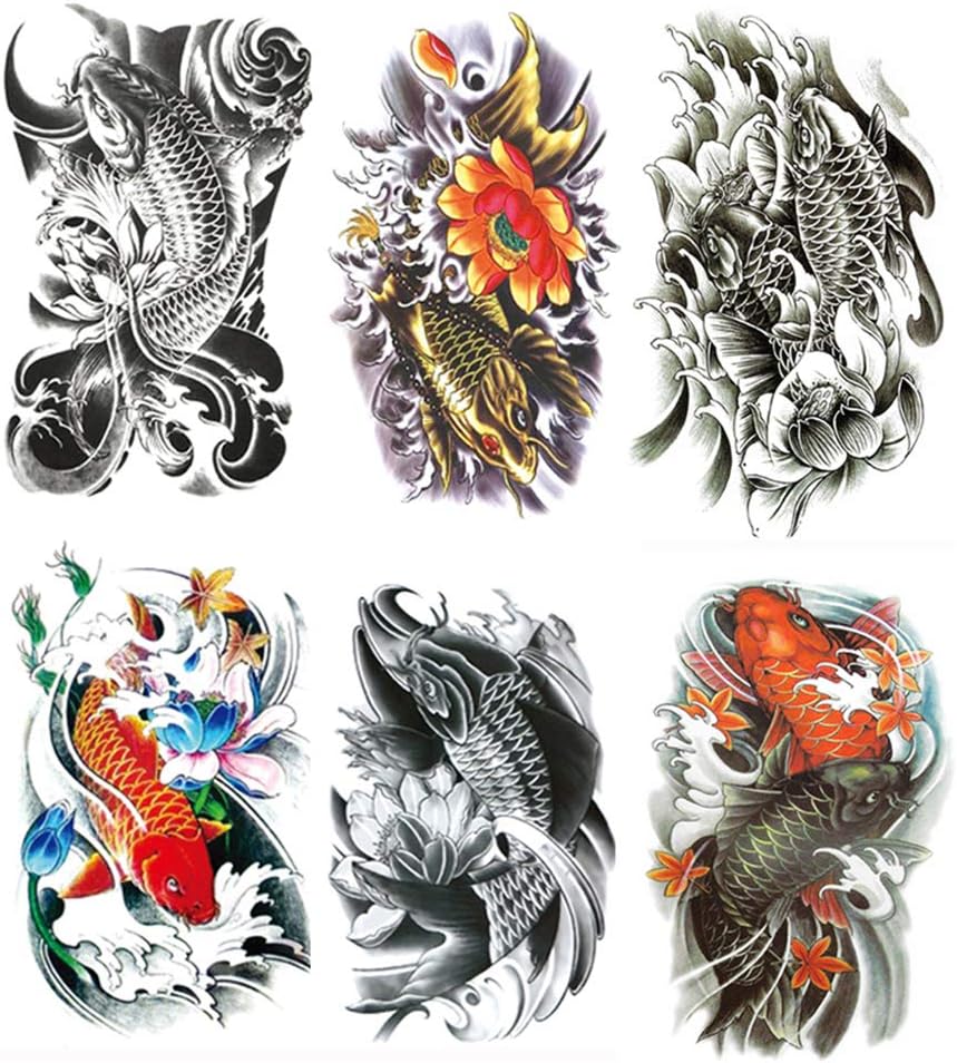 Yesallwas 6 Sheets Large Koi Tattoo Temporary Tattoo Sticker Fake Tattoos,Waterproof Lasting Body Art Makeup Sexy Realistic Arm tattoos