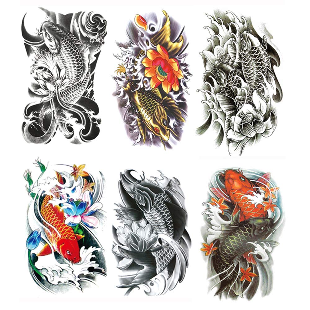 Yesallwas 6 Sheets Large Koi Tattoo Temporary Tattoo Sticker Fake Tattoos,Waterproof Lasting Body Art Makeup Sexy Realistic Arm tattoos - Black Koi Tattoos,Gold Red Carp Tattoo