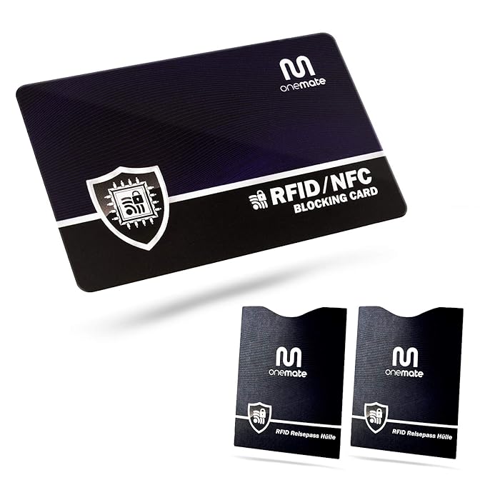 RFID Blocker Karte 3.0 von OneMate® - 2 GRATIS REISEPASSHÜLLEN - Störsender - Nur 0,85mm DÜNN