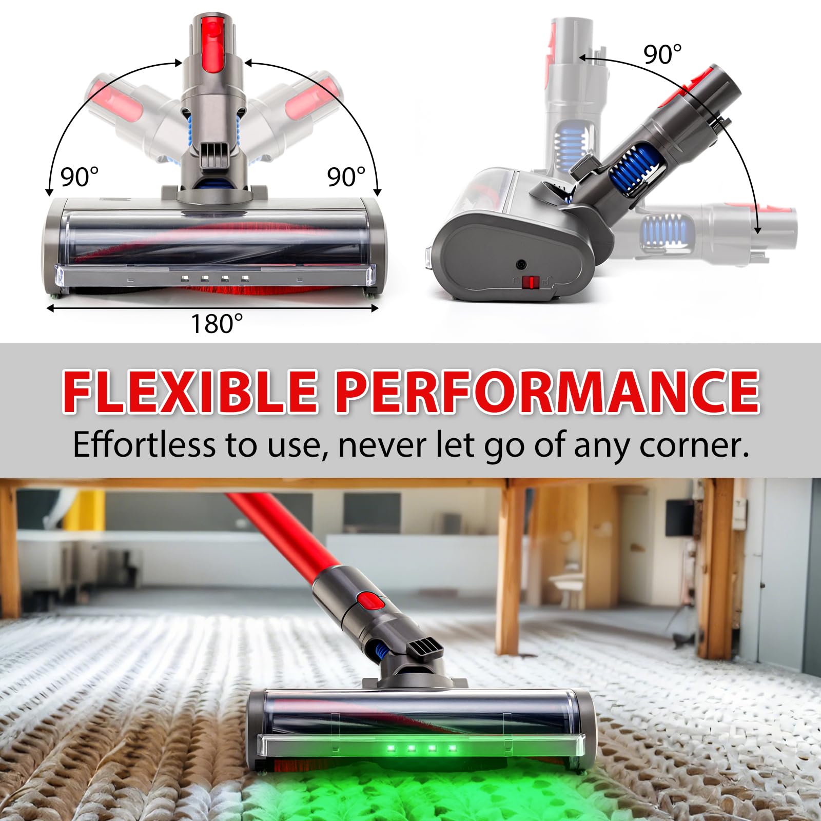 ELVANO Cleaner Head Bristle Roller Brush: Motorhead Compatible with Dyson V7 V8 V10 V11 V15 Cordless Vacuum Attachment with Dust LED Lights - Direct Drive Replacement Parts for Carpet