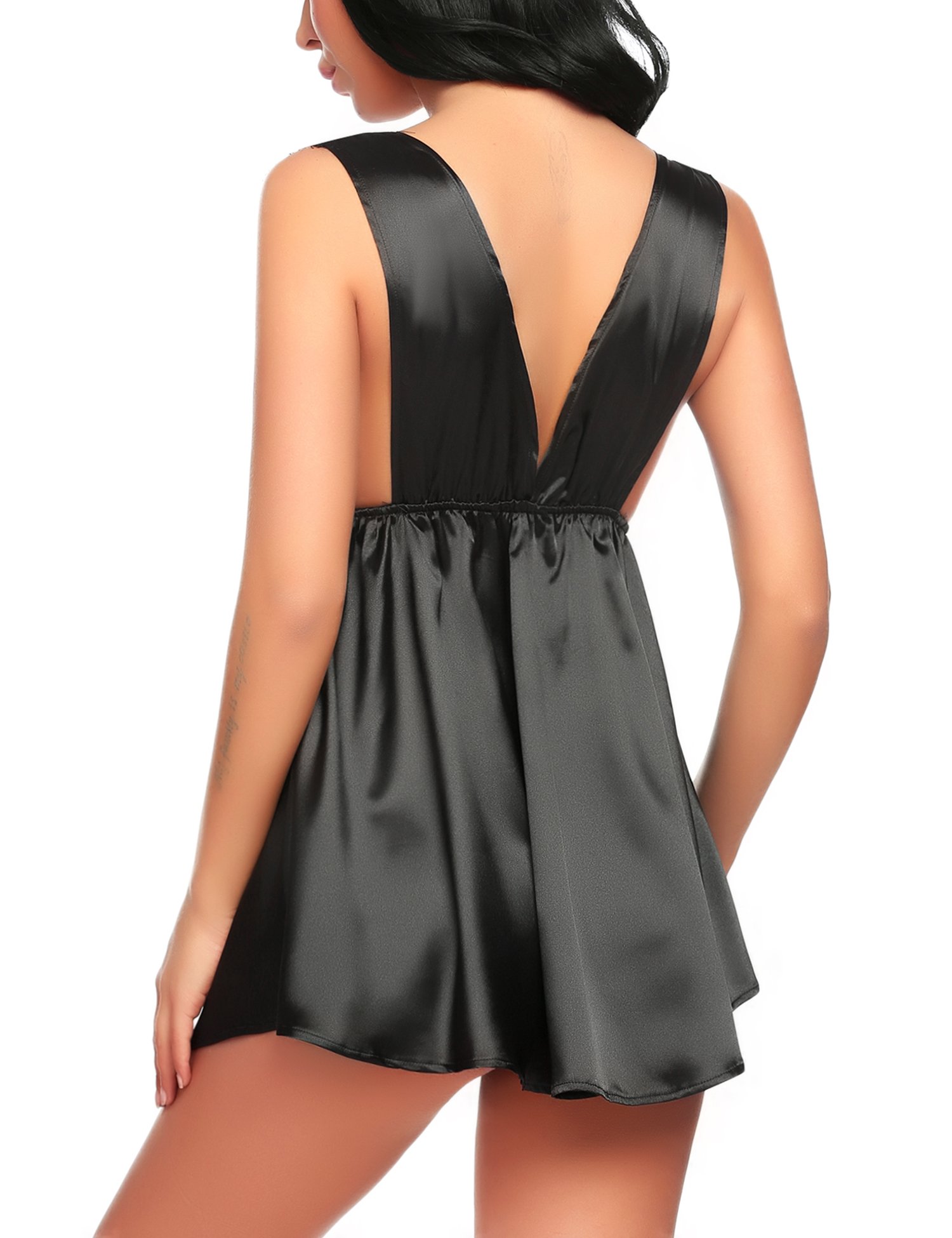 ADOME Women Satin Lace Patchwork Sexy V-neck Chemise Babydoor Lingerie G-string Pajamas