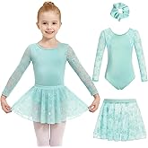 JiAmy Girls Ballet Leotards Long Sleeve Mesh Toddler Dance Leotard Combo with Removable Skirt