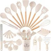 Astercook Kitchen Utensils set, 39 PCS Silicone Cooking Utensils Set with Wooden Handle, 446&deg;F Heat Resistant Food Grade Utensil Sets, BPA Free Kitchen Gadgets Tools Set for Nonstick Cookware (Cream)