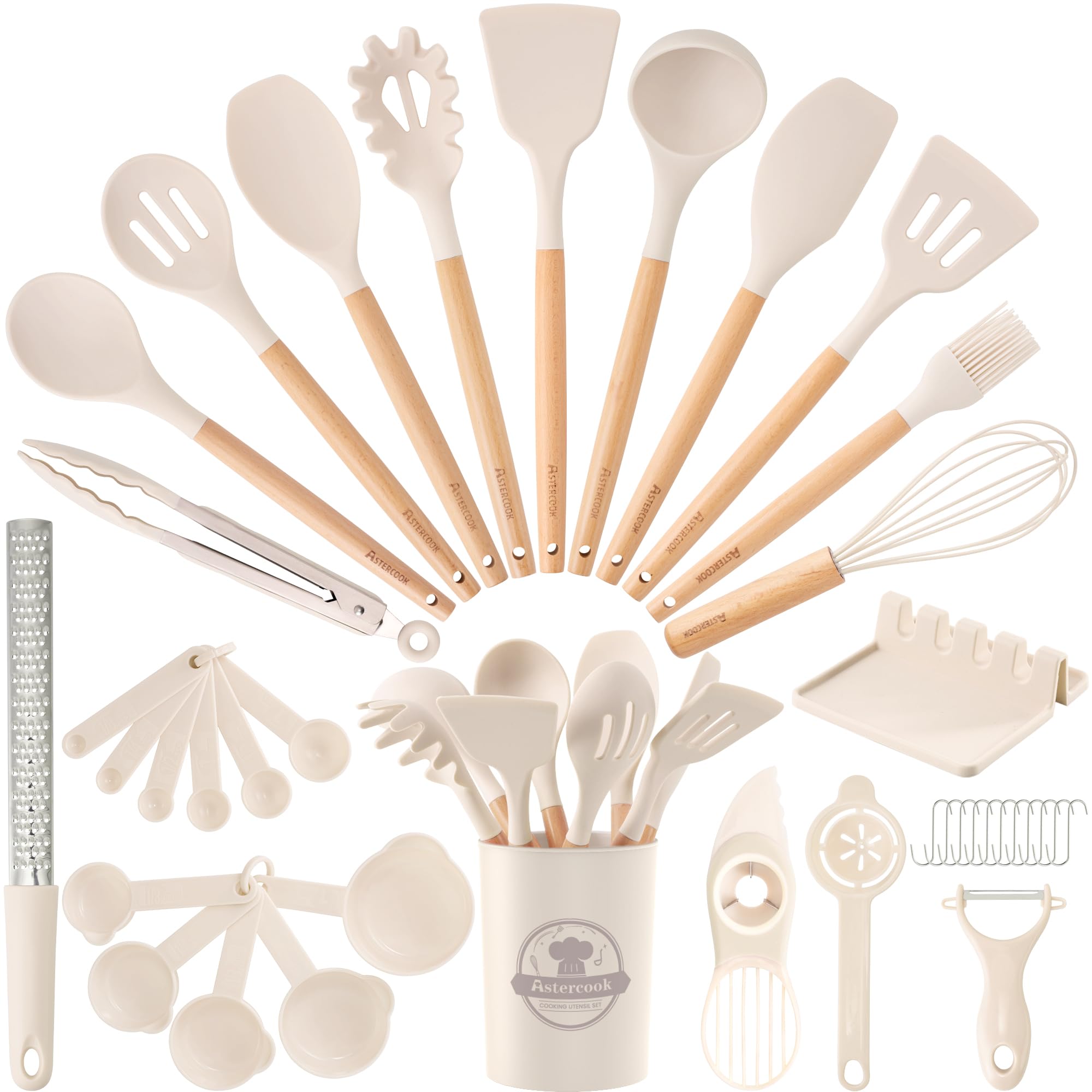 Astercook Kitchen Utensils set, 39 PCS Silicone Cooking Utensils Set with Wooden Handle, 446°F Heat Resistant Food Grade Utensil Sets, BPA Free Kitchen Gadgets Tools Set for Nonstick Cookware (Cream) Image