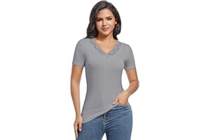 MOSCOAL Short Sleeve Thermal Shirt for Women V Neck Fleece Lined Top Lace Thermal Undershirt Base Layer