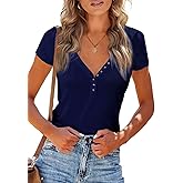PRETTYGARDEN Women's Summer Casual Henley T-Shirts Short Sleeve V Neck Button Up Ribbed Knit Slim Fit Basic Tops