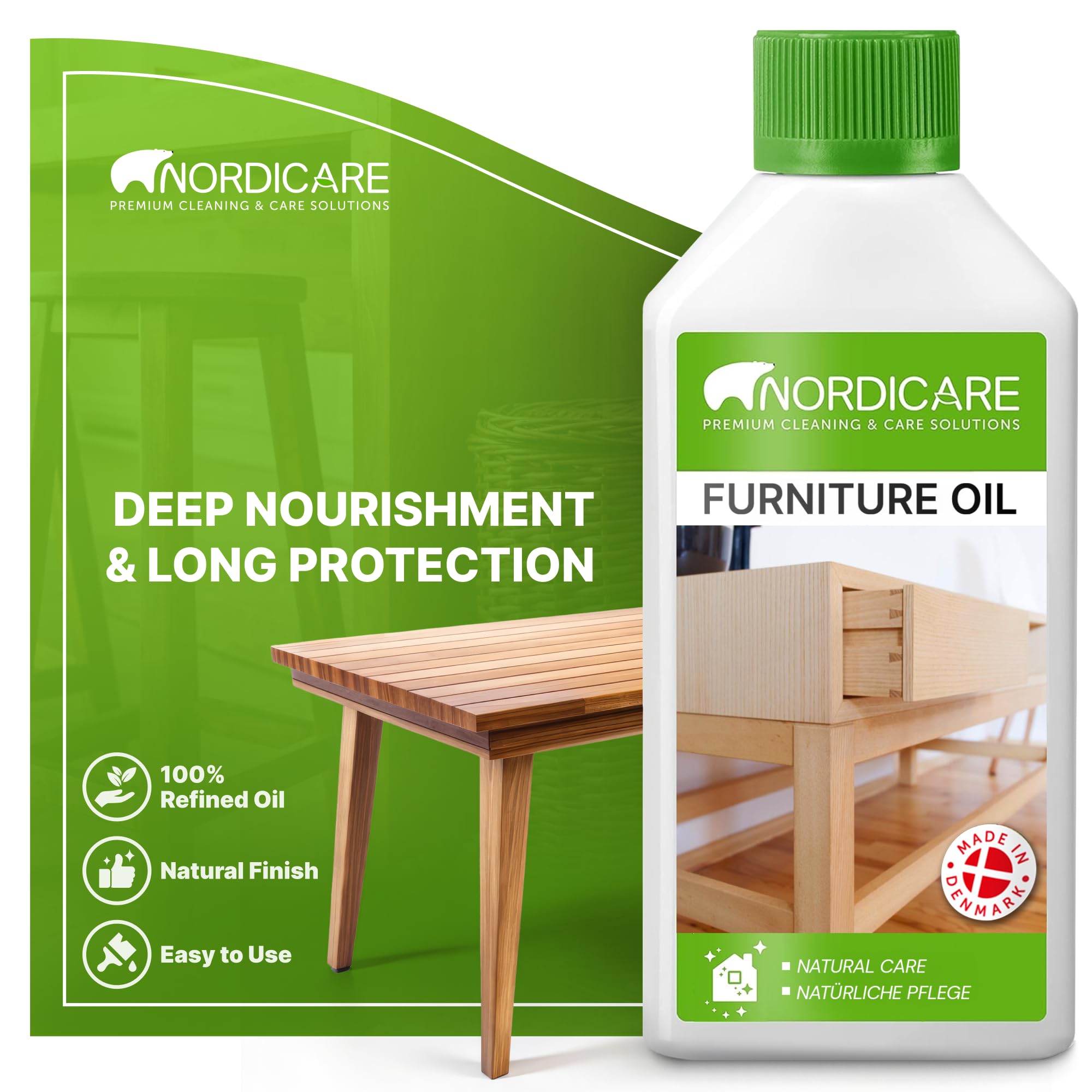 Nordicare Wood Oil Colorless - Premium Walnut Oil, Teak Oil, Wood Oil Furniture for Oak, Beech, Teak, Walnut, Pine, Larch - Natural Furniture Wood Oil - Made in Denmark - for Indoor Use (275 ml)
