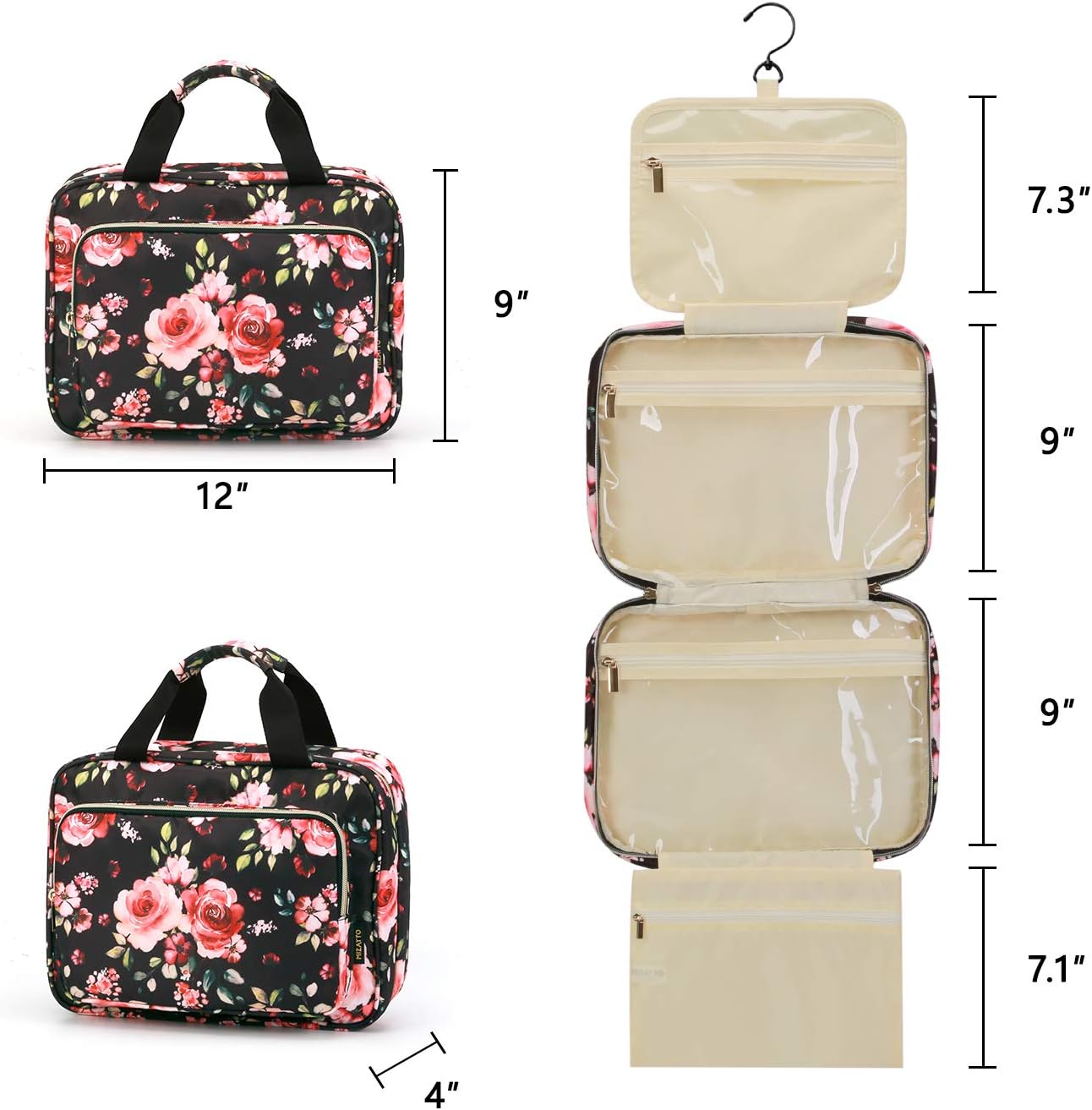 Toiletry Travel Bag with Hanging Hook, Portable Folding Cosmetics Bag for Brushes Set, Full-Sized Shampoo, Conditioner, Accessories, Floral, 12" x 9" x 4"…