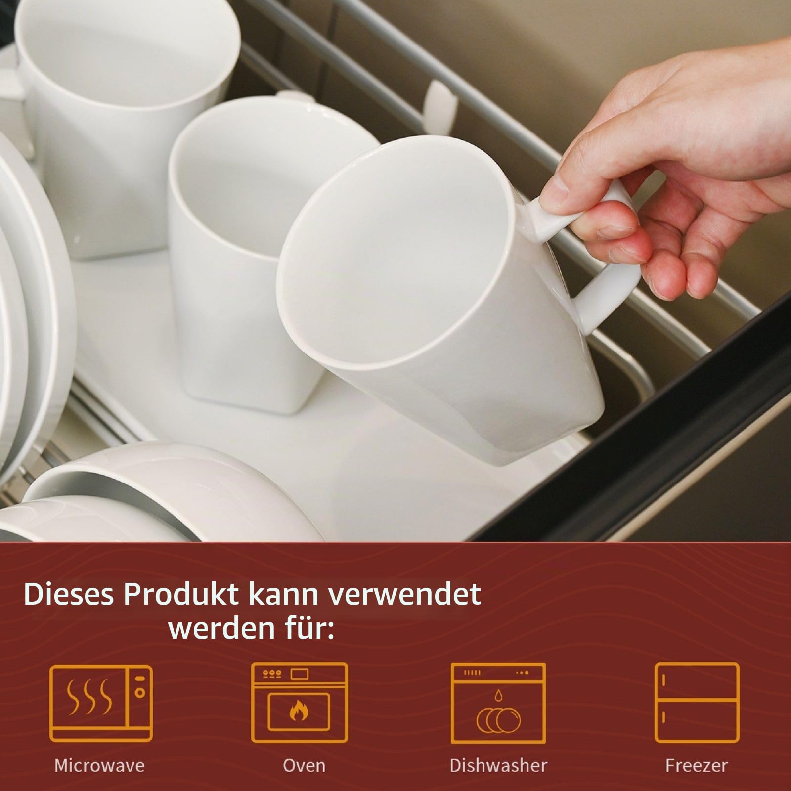 WishDeco Kaffeebecher 6er Set, Kaffeetassen Porzellan Weiß 400ml, Kaffee Tassen Groß mit Henkel, Tassen Set für Cappuccino Tee Milch Heißgetränke, Eckig Boden 6