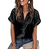 Zeagoo Womens Satin Blouse Short Sleeve Silk Tops Button Down Shirts Business Casual Outfits