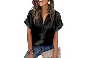 Zeagoo Womens Satin Blouse Short Sleeve Silk Tops Button Down Shirts Business Casual Outfits