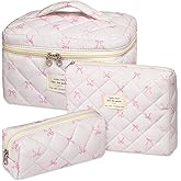 senbowe Floral Makeup Bag, 3 Pack Large Cotton Quilted Makeup Bag Set, Cute Floral Coquette Aesthetic Toiletry Bag Make Up Cosmetic Bag for Women, Toiletry Travel Make Up Organizer Bag