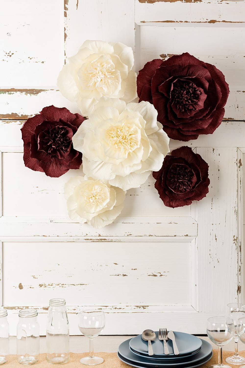 Amazon Com Paper Flower Decorations Giant Paper Flowers Large Crepe Paper Flowers Beige Burgundy Set Of 6 Handcrafted Flowers For Wedding Decor Bridal Shower Baby Shower Nursery Wall Decorations Kitchen Dining