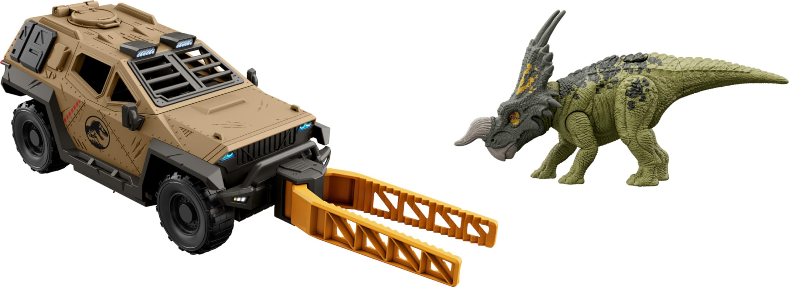 Mattel Jurassic World Truck & Einiosaurus Dinosaur Action Figure Toy with Flip Roll Feature, Mission Mayhem Destruction Vehicle, HRX52
