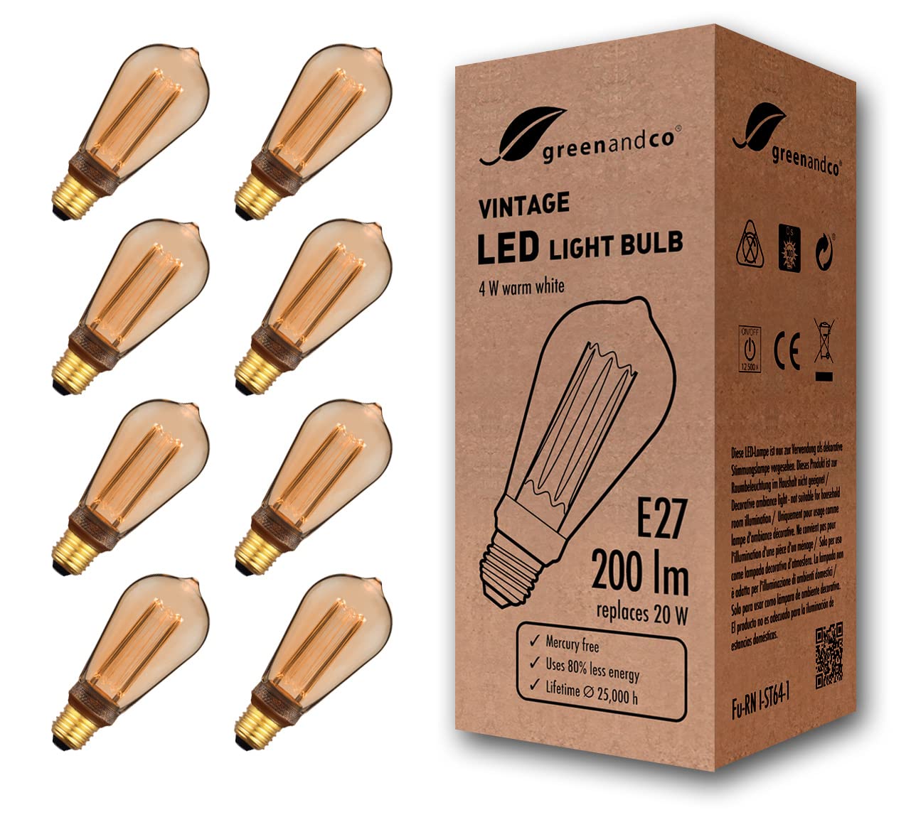greenandco 8X Decorative LED Vintage Light Bulb | E27 ST64 | Amber | 4W 200lm | 1800K Extra Warm White | 320° | 230V | Flicker Free | Not Dimmable — image 1