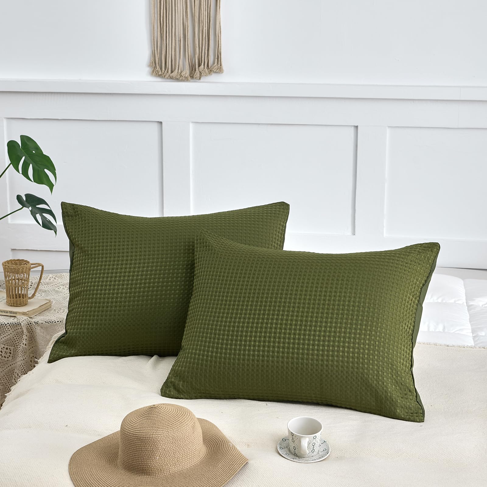Photo 1 of TSUTOMI Soft Waffle Weave Euro Shams Pillow Covers 20" x 36" 2 Pack, No Insert, Breathable Skin-Friendly Euro Throw Pillow Covers for Bed Couch Sofa, Green