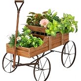 DORTALA Wood Wagon Planter, Outdoor Garden Flower Planter Cart with Wheels, Small Decorative Wood Raised Bed Plant Pot Box Stand for Backyard, Patio, Balcony, Natural