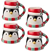 Christmas Whimsy 3D Penguin Mugs – Set of 4 18oz Ceramic Holiday Cocoa & Coffee Mugs with Sculpted Penguin Shape, Printed Winter Designs, Fun Giftable Drinkware for Christmas & Winter Entertaining