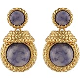 Handmade Blue Natural Gemstone Dangle Earrings - 18K Gold Plated Brass Twisted Rope Design, S925 Sterling Silver Posts Hypoallergenic Jewelry Gift for Women