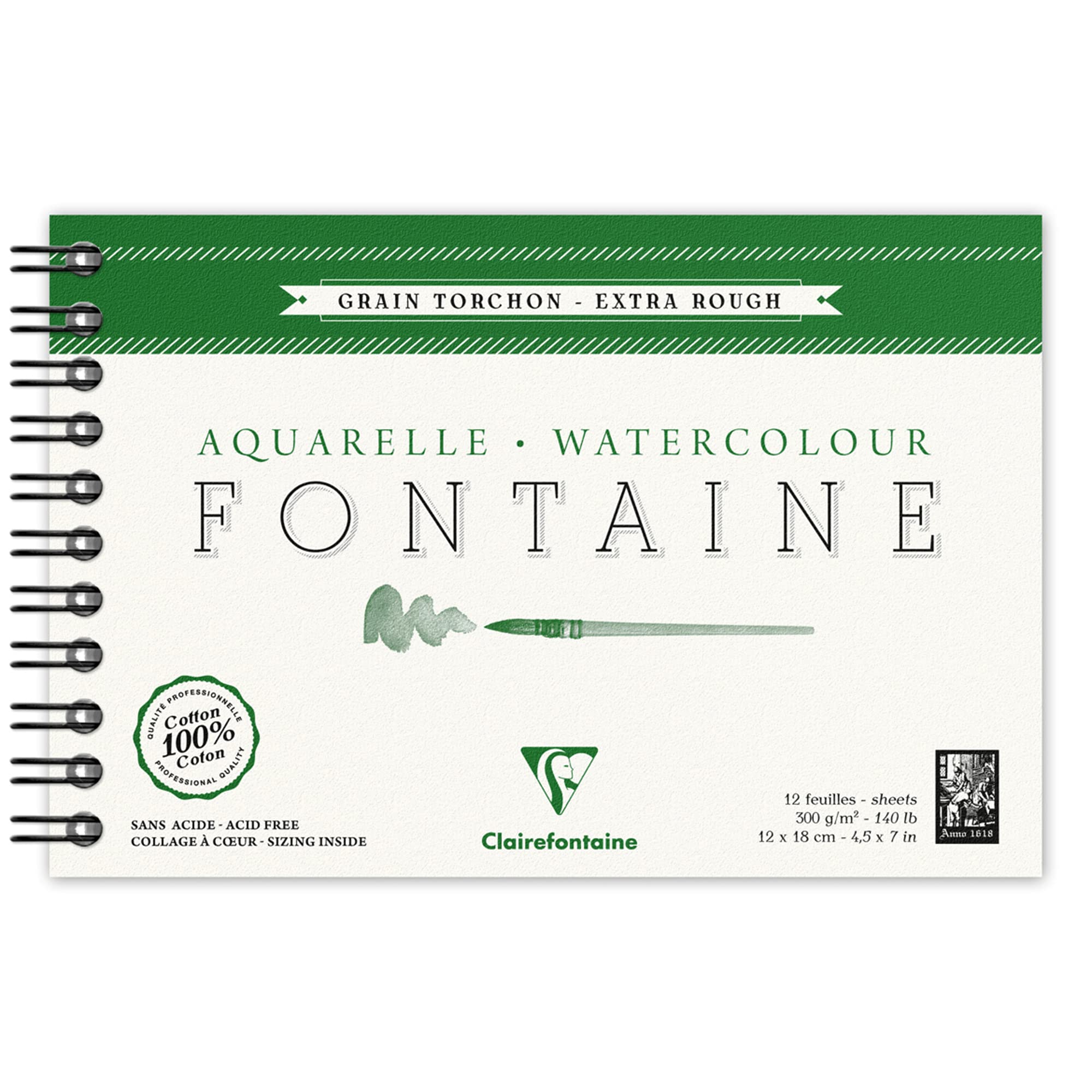Clairefontaine - Ref 96319C - Fontaine Extra Rough Watercolour Wirebound Pad (12 Sheets) - 12 x 18cm Size, 300gsm Paper - Suitable for Watercolour Artwork