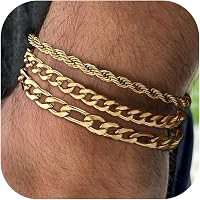 2-Pack Stainless Steel Men's Bracelets Set - Gold Or Silver Cuban Link, Rope, Figaro Chains (Adjustable 8.3\" + 2\")