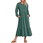 KLWCJFFF Women's Casual Long Sleeve Midi Dress 2024 Fall Crewneck A Line Tiered Flowy Loose Trendy Dresses with Pockets