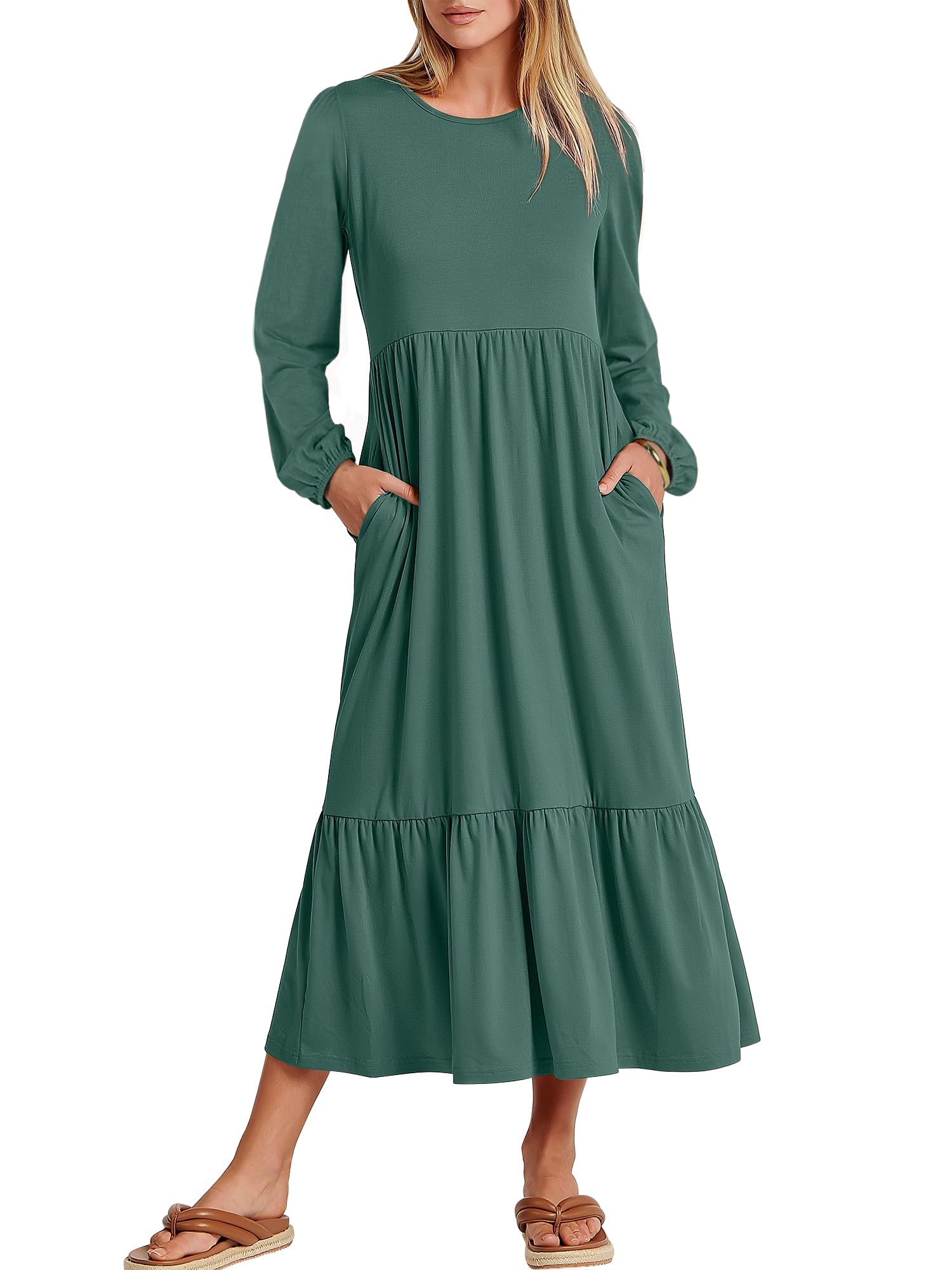 Photo 1 of ***(STOCK PHOTO FOR REFERENCE ONLY/ COLOR WILL DIFFER IN SHADES)***KLWCJFFF Women's Casual Long Sleeve Midi Dress 2024 Fall Crewneck A Line Tiered Flowy Loose Trendy Dresses with Pockets Green