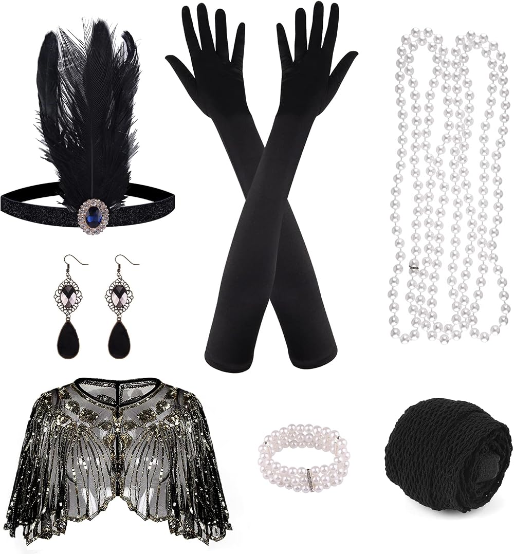 ELECLAND 10pc 1920s Flapper Accessories Set Women Gold Apricot Headband Gloves