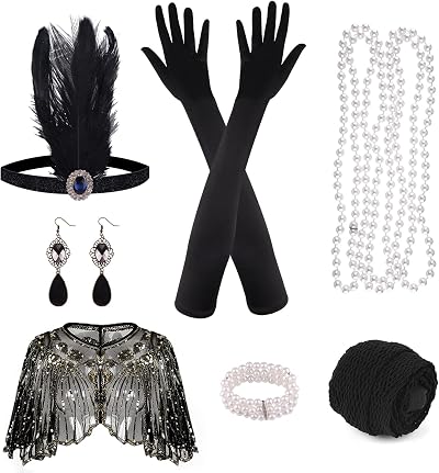 ELECLAND 10pc 1920s Flapper Accessories Set Women Gold Apricot Headband Gloves
