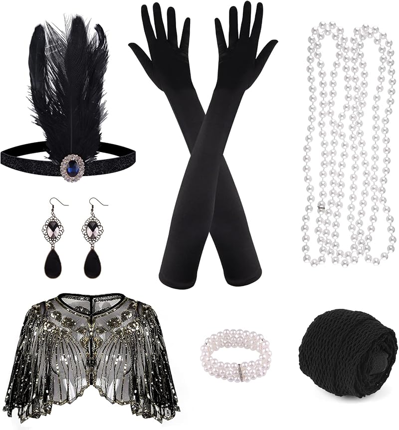 ELECLAND 10pc 1920s Flapper Accessories Set Women Gold Apricot Headband Gloves