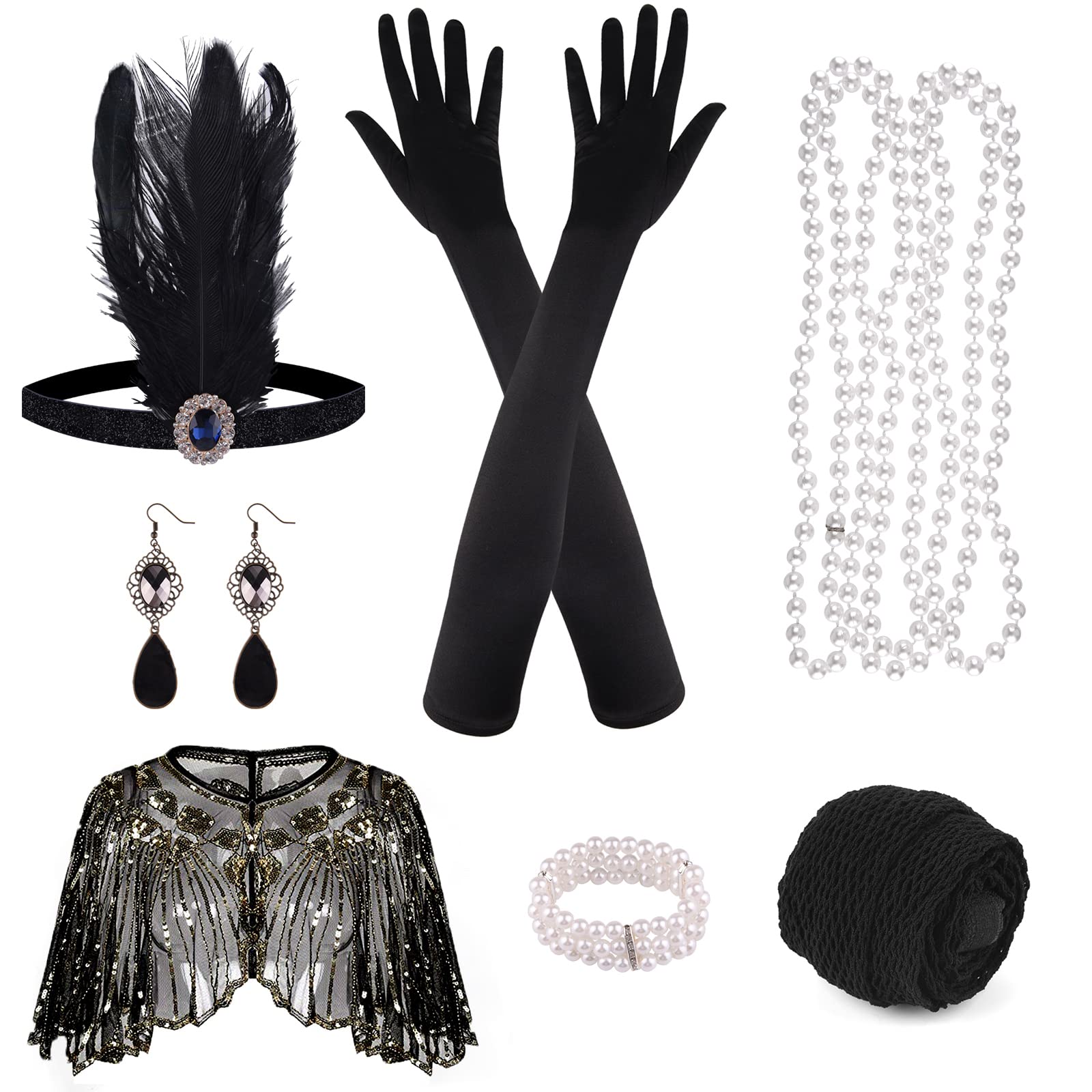 ELECLAND 10 Pieces 1920s Flapper Accessories Set Fashion Roaring 20's Theme Set with Headband Headpiece Long Black Gloves Necklace Earrings for Women(Apricot Gold)